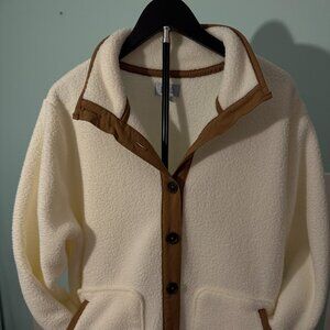 Croft & Barrow Women's Fleece Button Down Jacket Cream with Beige Trim Warm & Co